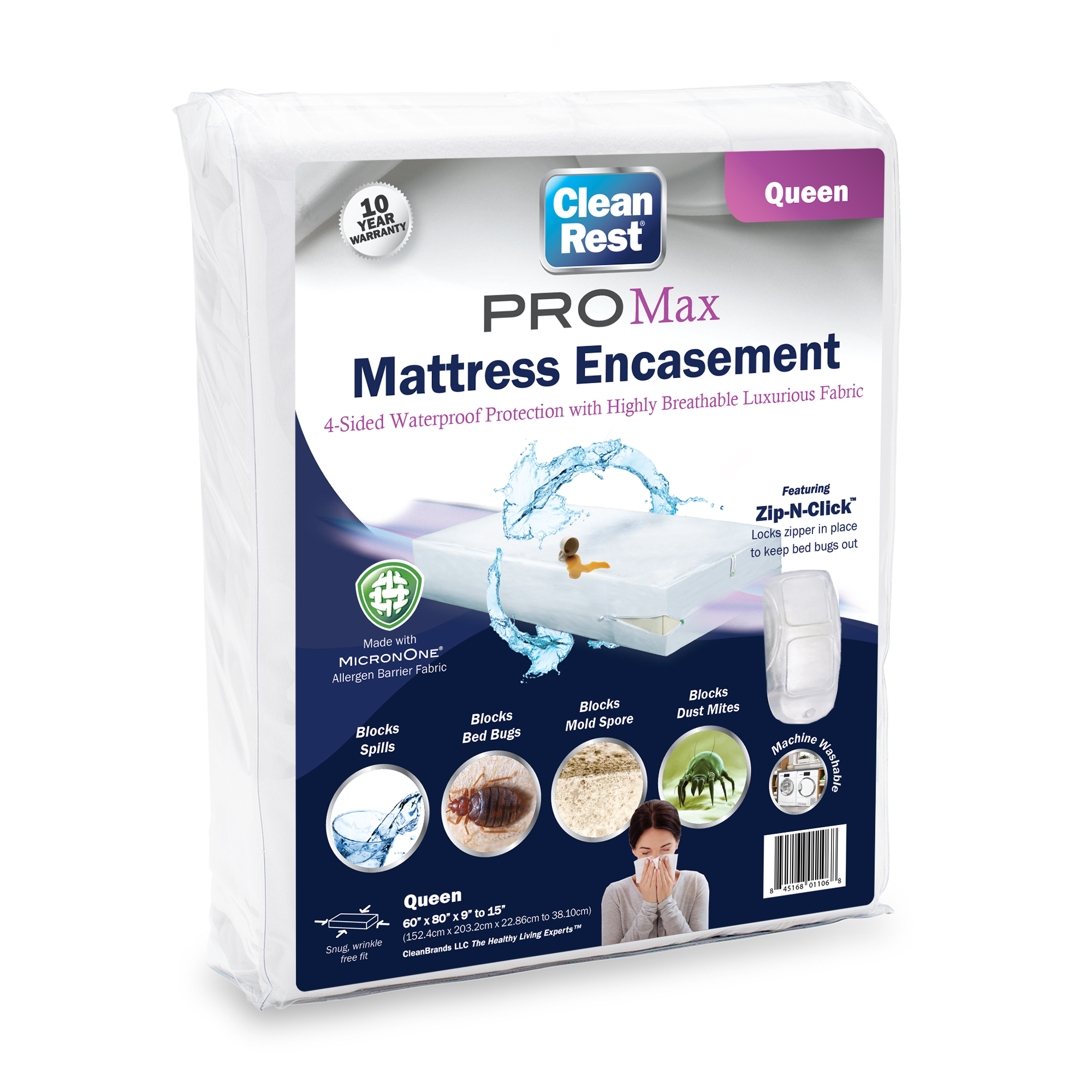 Clean Rest Pro Waterproof Queen Allergy and Bed Bug Blocking Mattress Encasement